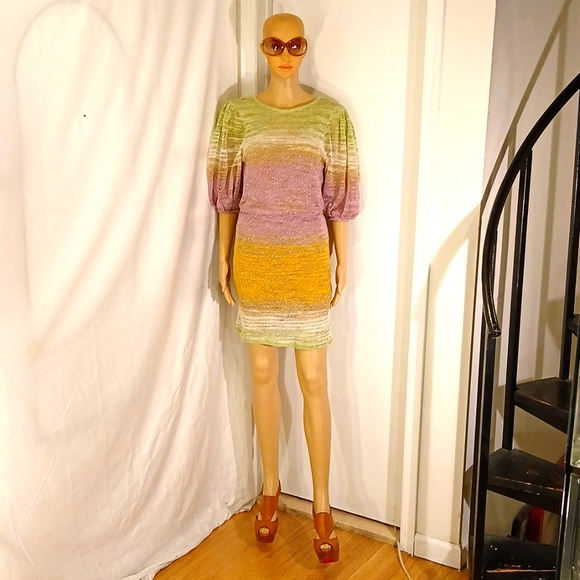Stunning NWOT HALEY MENZIES Multicolor Semi Sheer Metallic Linen Blend Dress.